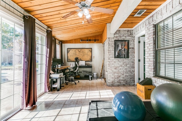 sunroom with wood ceiling, ceiling fan, and vaulted ceiling