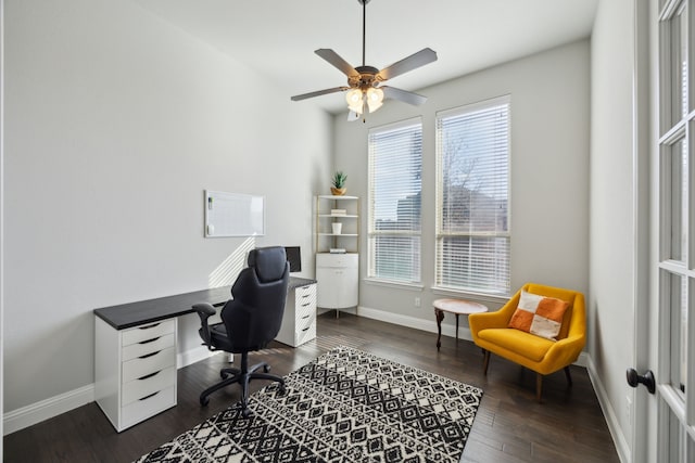 office space with dark hardwood / wood-style flooring, a wealth of natural light, and ceiling fan