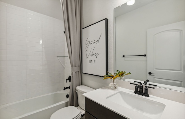 full bathroom with vanity, toilet, and shower / bathtub combination with curtain