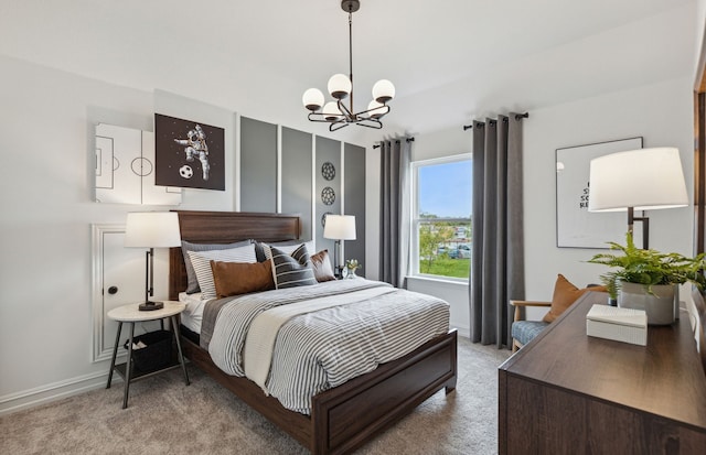 carpeted bedroom with an inviting chandelier