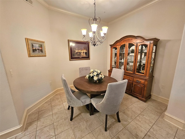 tiled dining area featuring ornamental molding and a chandelier