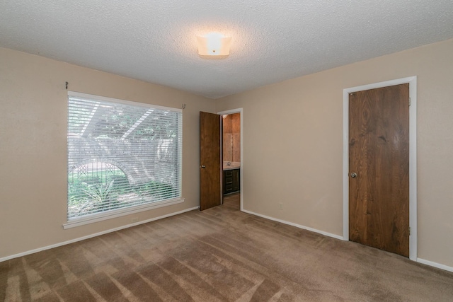 unfurnished room with carpet and a textured ceiling