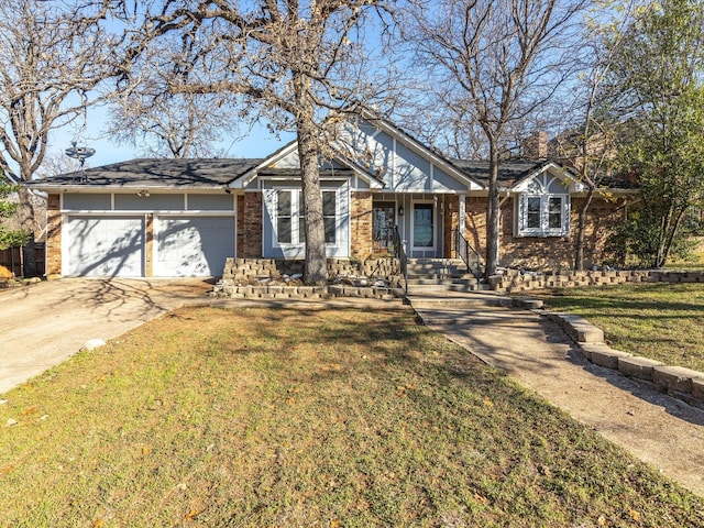 single story home with a garage and a front lawn