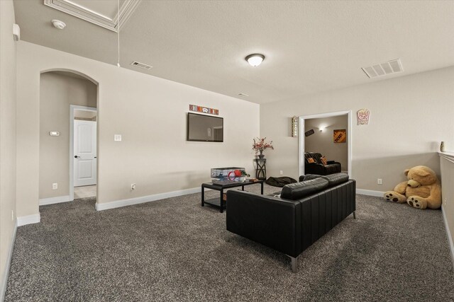 living room with dark colored carpet