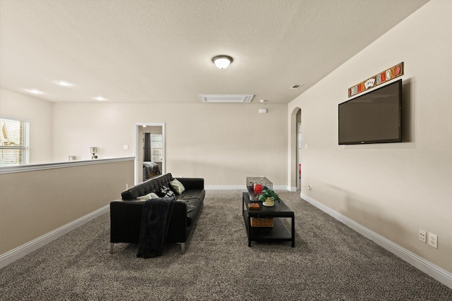 carpeted living room with a textured ceiling