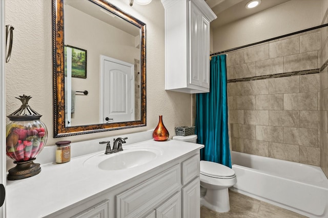 full bathroom with tile patterned floors, vanity, toilet, and shower / tub combo with curtain