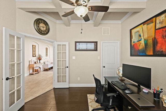 office with french doors, crown molding, dark hardwood / wood-style floors, ceiling fan, and beam ceiling