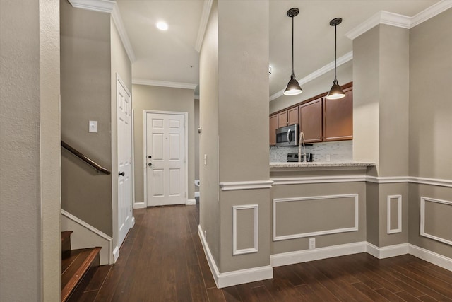 2204 Stonepark Pl, Mckinney, TX 75071 - hall with crown molding, recessed lighting, baseboards, dark wood-style floors, and stairway