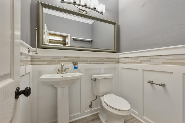 2204 Stonepark Pl, Mckinney, TX 75071 - half bath with a sink, wainscoting, wood finished floors, and toilet
