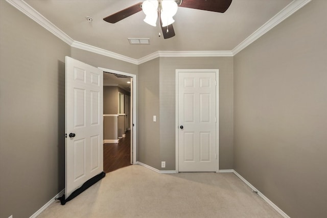2204 Stonepark Pl, Mckinney, TX 75071 - unfurnished bedroom featuring crown molding, visible vents, baseboards, ceiling fan, and light colored carpet