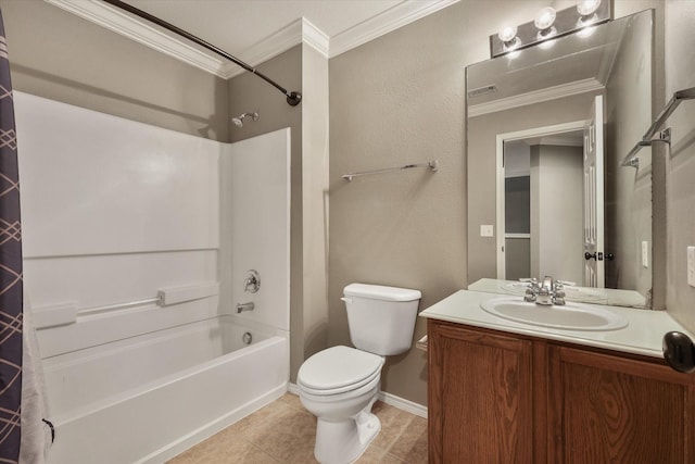 2204 Stonepark Pl, Mckinney, TX 75071 - full bathroom featuring vanity, ornamental molding, tile patterned flooring, shower / bath combination with curtain, and toilet