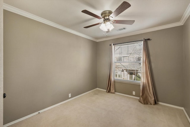 2204 Stonepark Pl, Mckinney, TX 75071 - empty room featuring ceiling fan, light colored carpet, baseboards, visible vents, and ornamental molding