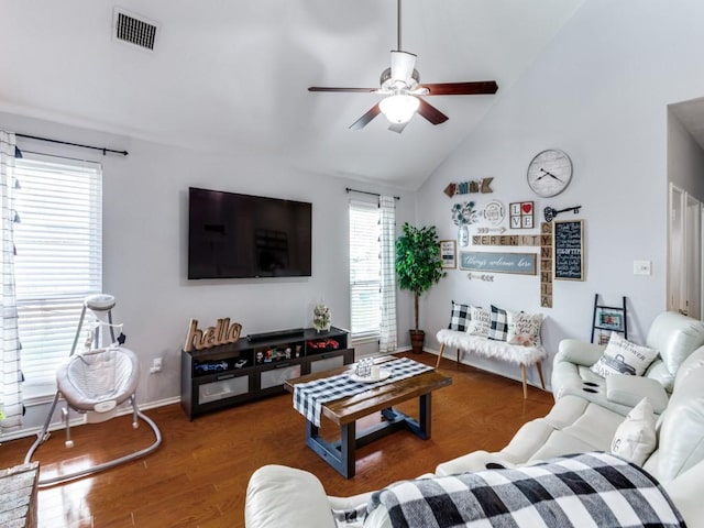 living room featuring ceiling fan, high vaulted ceiling, and dark hardwood / wood-style floors