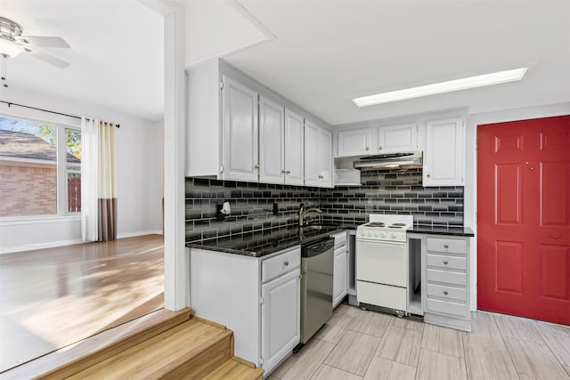 kitchen with white cabinetry, tasteful backsplash, stainless steel dishwasher, and white electric range oven