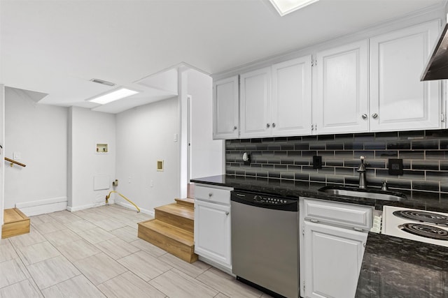 kitchen with white cabinetry, dishwasher, sink, backsplash, and wall chimney exhaust hood