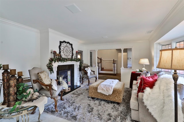 living room with crown molding