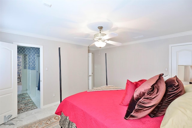 bedroom featuring ceiling fan and crown molding