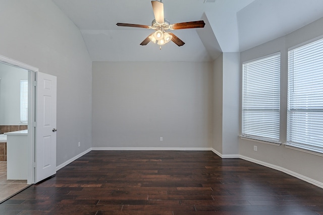 spare room with a healthy amount of sunlight, dark wood-type flooring, and lofted ceiling