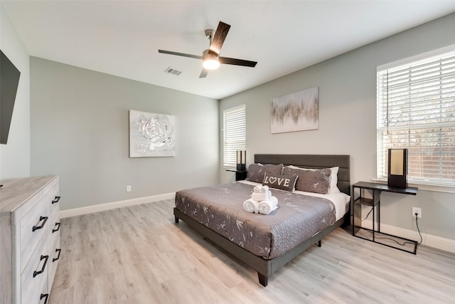 bedroom featuring ceiling fan, light wood-type flooring, and multiple windows