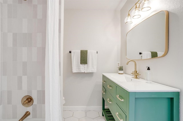 bathroom featuring shower / bath combination with curtain and vanity