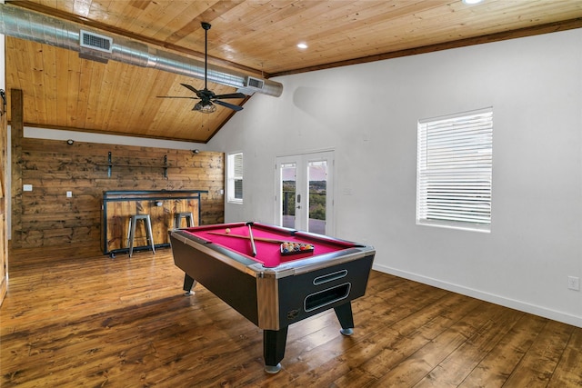 playroom featuring french doors, wooden ceiling, lofted ceiling with beams, wood-type flooring, and pool table