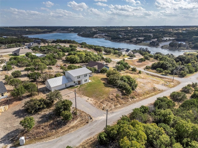 drone / aerial view featuring a water view