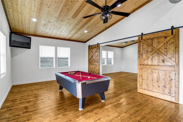 recreation room with ceiling fan, a barn door, pool table, wood-type flooring, and wood ceiling