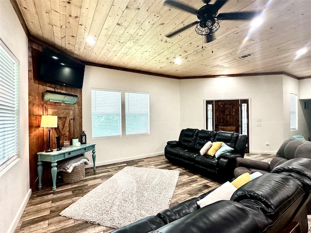 living room with ceiling fan, ornamental molding, wood ceiling, and wood-type flooring