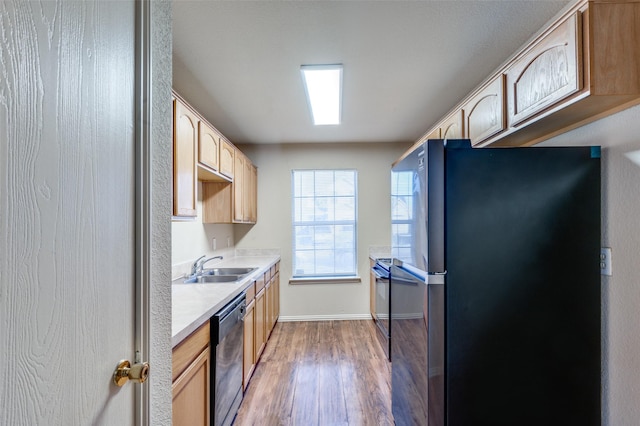 kitchen featuring light countertops, appliances with stainless steel finishes, light brown cabinets, a sink, and light wood-type flooring