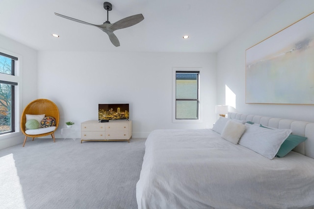 carpeted bedroom with recessed lighting and ceiling fan