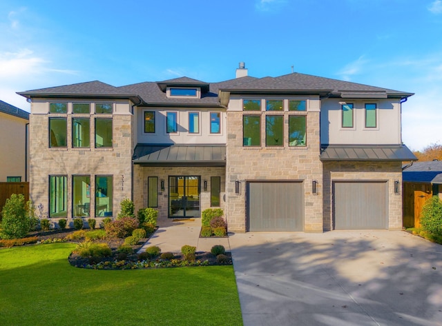 prairie-style home featuring a standing seam roof, concrete driveway, an attached garage, a front yard, and metal roof