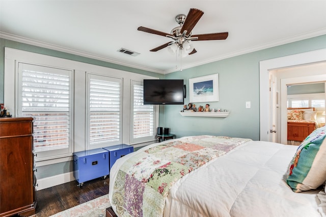 bedroom with ceiling fan, dark hardwood / wood-style floors, and crown molding