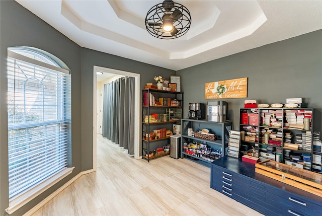 interior space featuring a tray ceiling