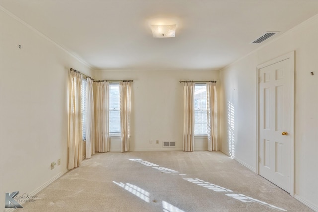 carpeted spare room with crown molding and a healthy amount of sunlight