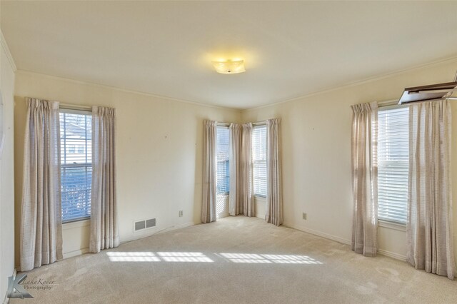 carpeted spare room featuring crown molding