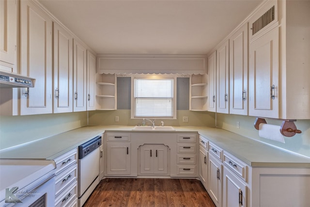 kitchen with white cabinets, dishwasher, dark hardwood / wood-style flooring, and sink