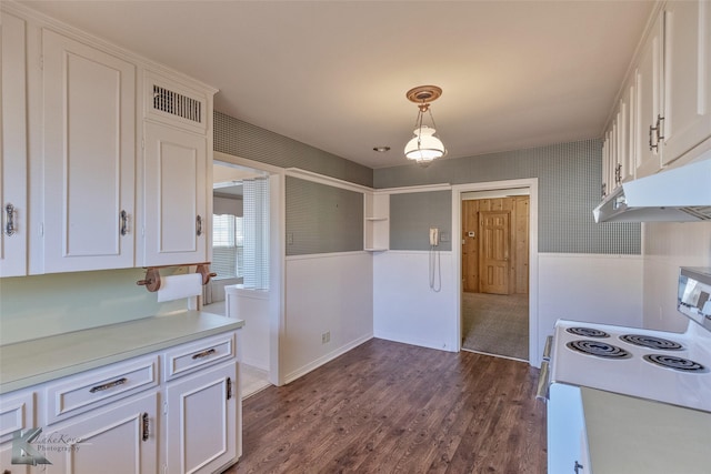 kitchen with electric stove, white cabinetry, pendant lighting, and dark hardwood / wood-style floors