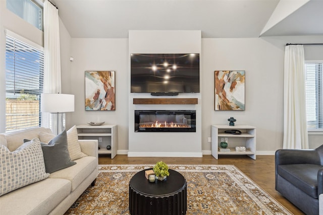 living room with lofted ceiling and hardwood / wood-style flooring