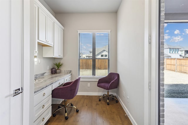 office featuring hardwood / wood-style floors and built in desk