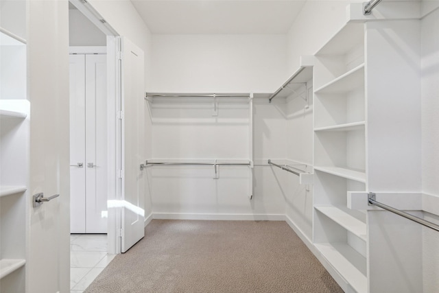 walk in closet with light colored carpet