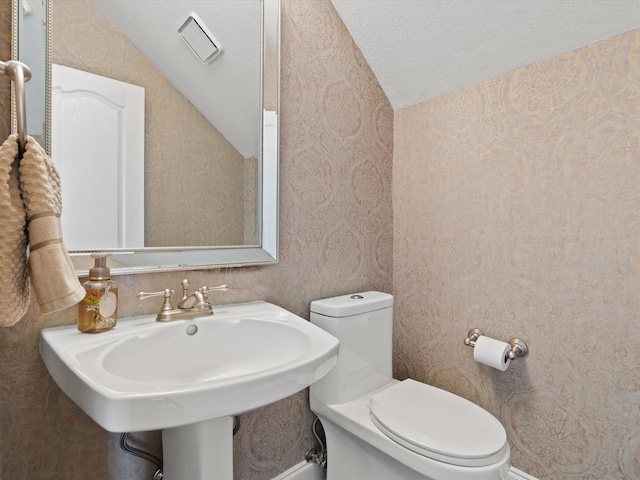 bathroom featuring sink, toilet, a textured ceiling, and vaulted ceiling