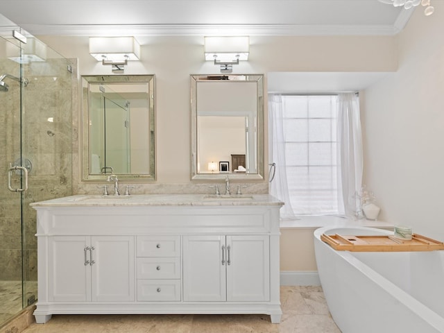 bathroom with shower with separate bathtub, vanity, tile patterned floors, and ornamental molding