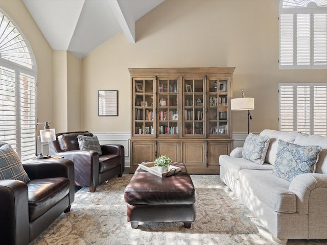 living room featuring plenty of natural light and lofted ceiling