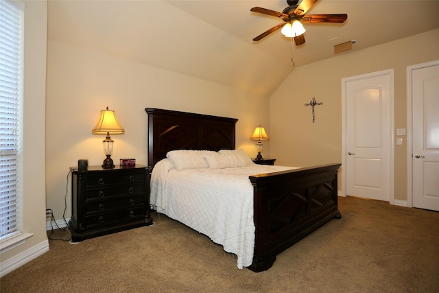 bedroom with carpet floors, ceiling fan, and lofted ceiling