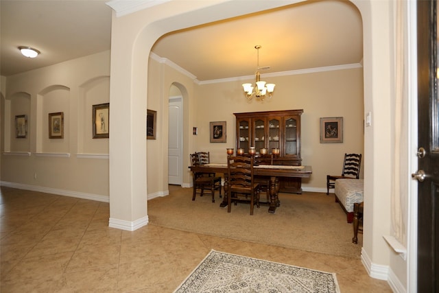 dining room with light tile patterned flooring, a chandelier, and ornamental molding