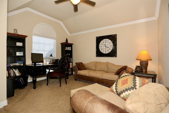 carpeted office with crown molding, ceiling fan, and lofted ceiling