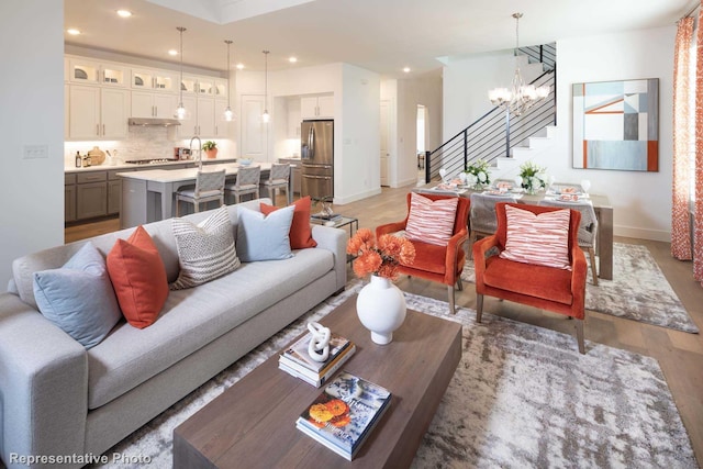 living room with a notable chandelier, hardwood / wood-style flooring, and sink