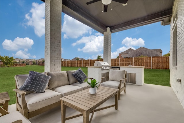 view of patio / terrace featuring ceiling fan, a grill, an outdoor hangout area, and area for grilling