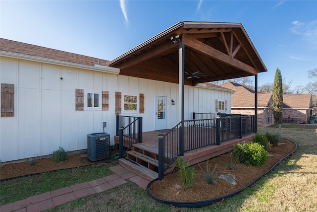 exterior space featuring a wooden deck, ceiling fan, and central air condition unit