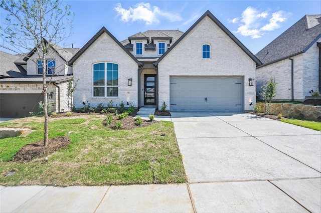 view of front of house featuring concrete driveway, brick siding, an attached garage, and a front yard